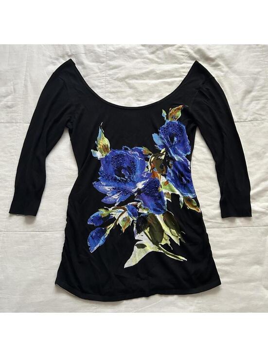 Cache Tops - Y2K Cache Black Blue Rose Floral Beaded Off Shoulder Top Large